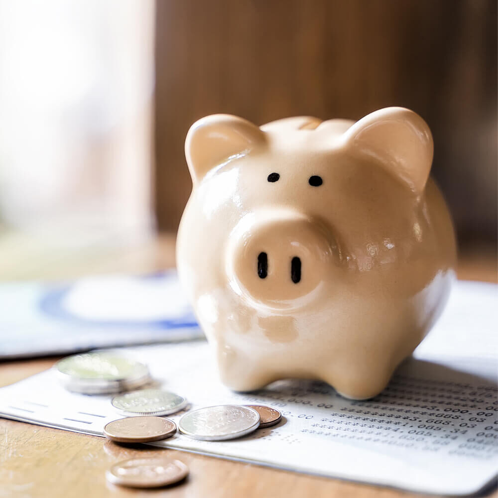 Picture of piggy bank with coins scattered around it