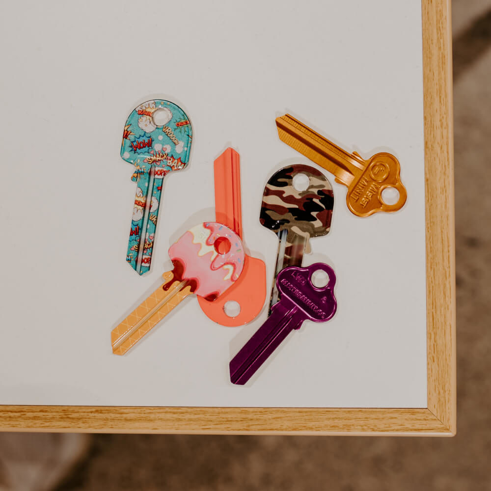 Picture of a selection of keys with various designs